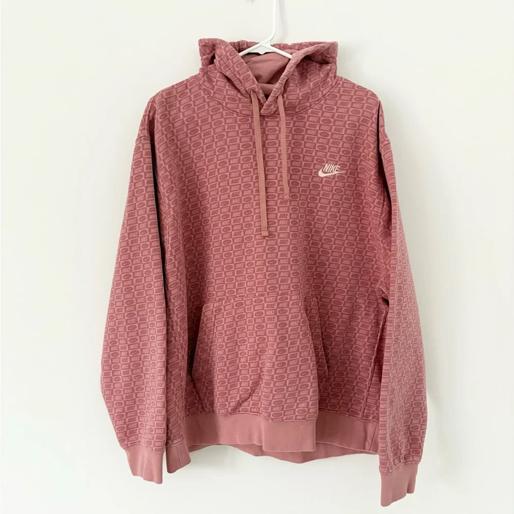 Nike Sportswear Logo Patterned Club Fleece Pullover Hoodie Red Stardust Size XL - Picture 5 of 10